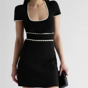 ​Express Black Scallop Neck White Trim Knit Sweater Dress Stretch Rayon Nylon XS